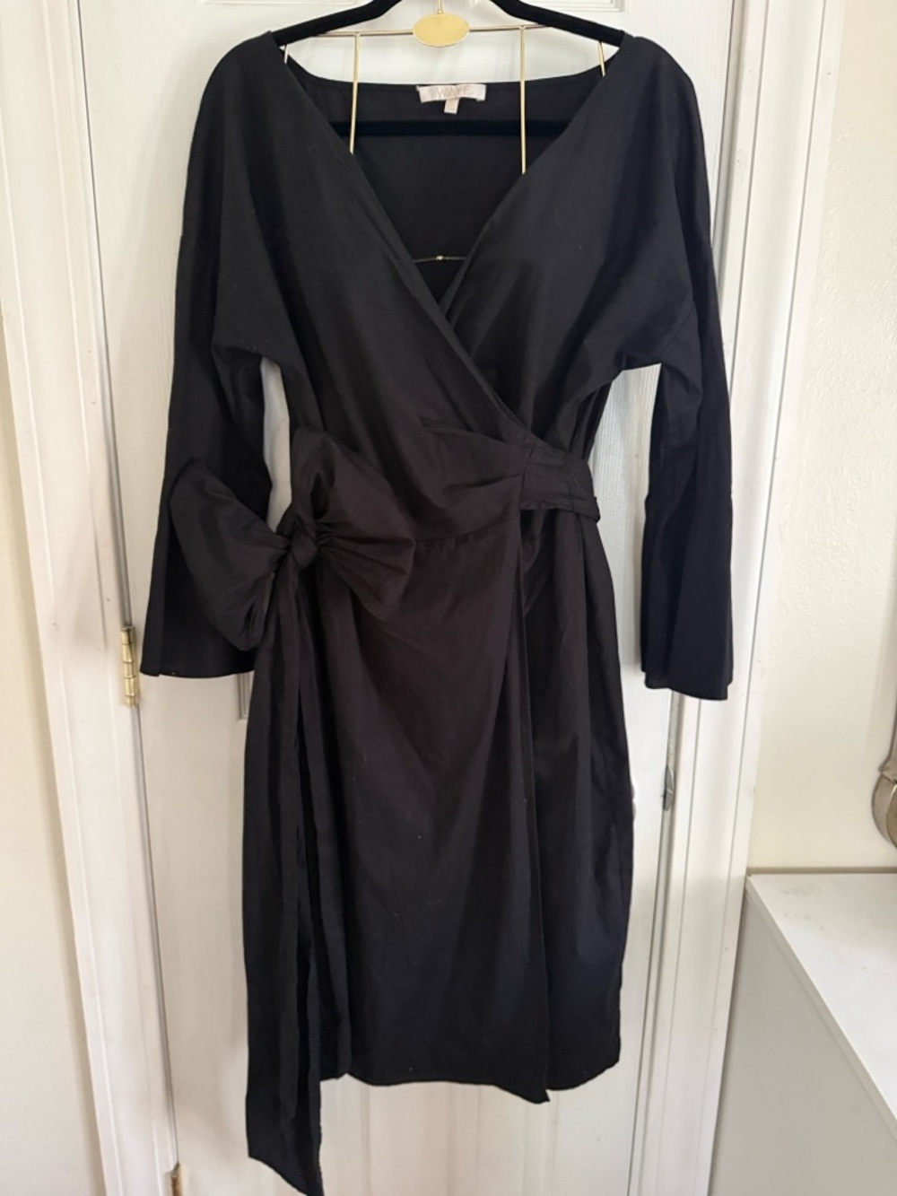 Wayf Black Wrap Midi Dress with Side Tie, 95%cotton, 5%spandex